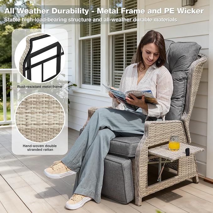 Outdoor Recliner with Adjustable Back and Footrest, Patio 150° Lay Flat - Image 5