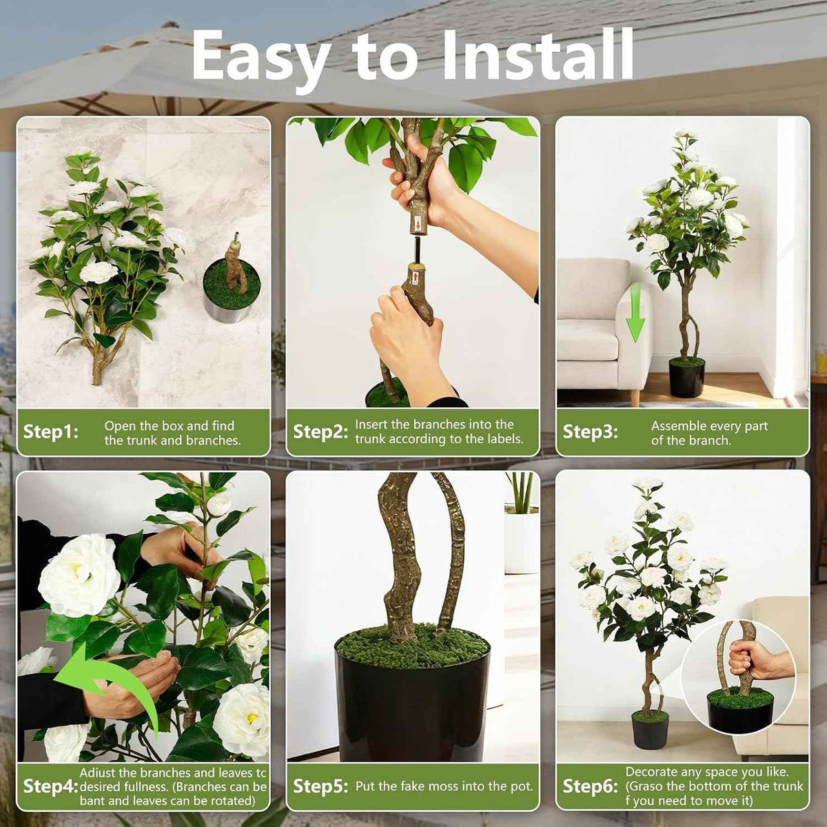 Artificial Camellia Tree 2 Pack, 42'' Faux Camellia Plant in Pot with 24 Blooming Flowers, Fake Greenery Potted Plant for Indoor Outdoor Home Floor Office Porch Decor (White)