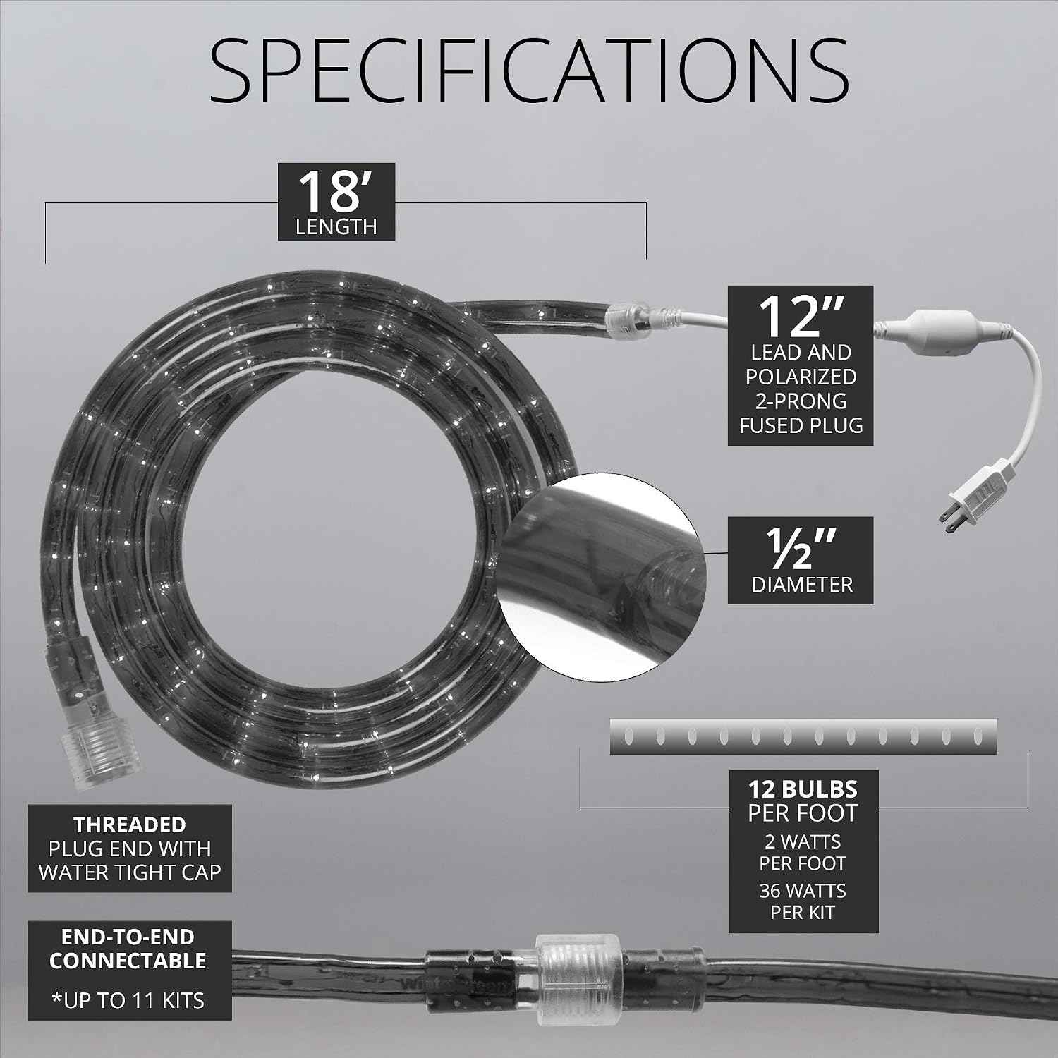 Wintergreen Lighting 18ft 216-Bulb Heavy Duty Incandescent Rope Light Kit, Connectable 120V ETL Indoor Rope Lights Plugin Outdoor Tube Lights for Garden, Patio, Party, Christmas, Clear