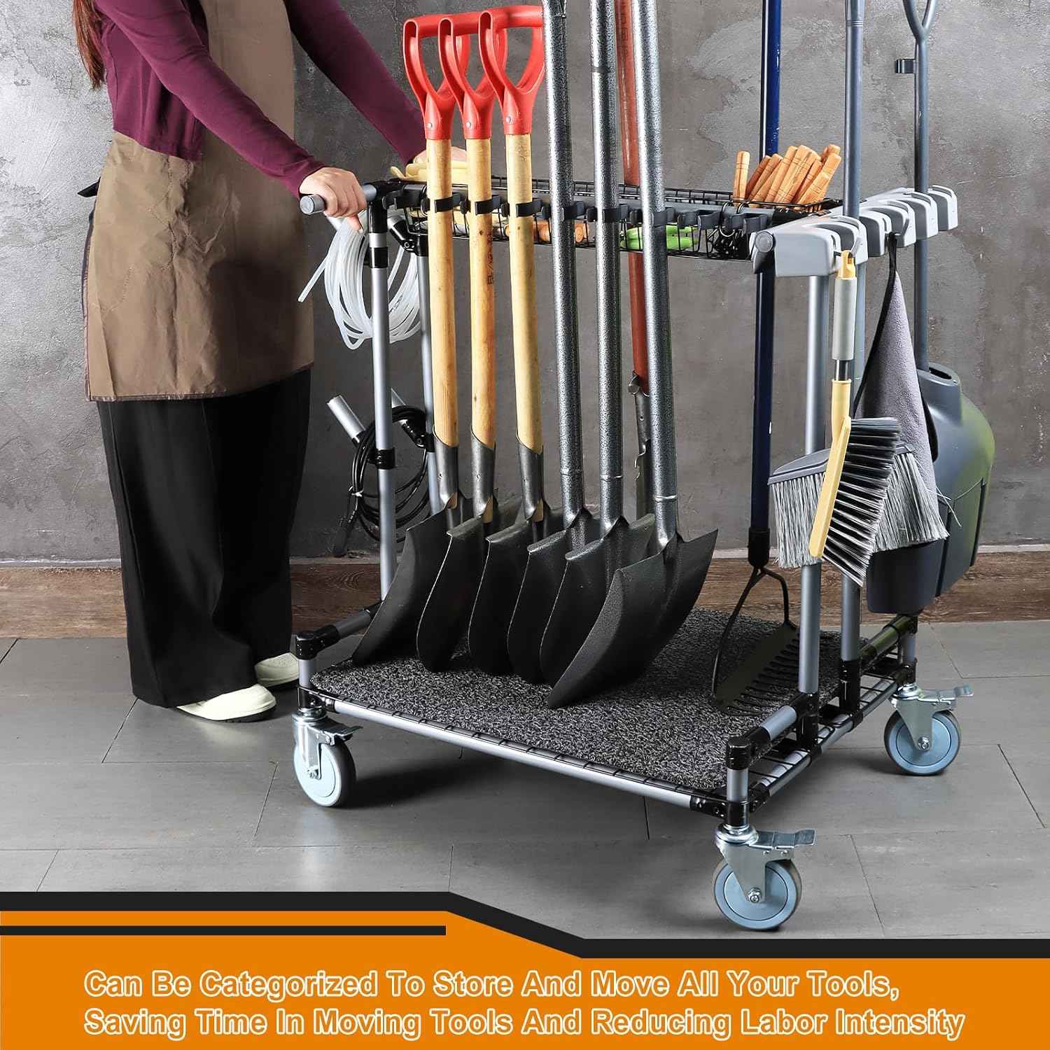 Heavy-Duty Garden Tool Organizer Cart Ideal for Gardening, Upgraded 5-Inch Wheels for Lawn & Sand, Long-Handle Tool Storage