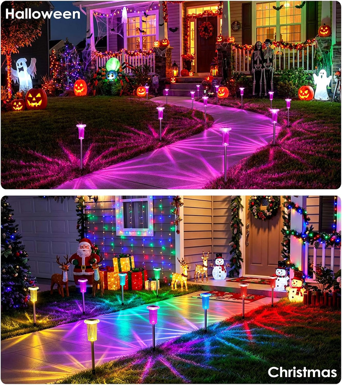 DenicMic Pathway Solar Lights Outdoor Waterproof 4 Pack Halloween Decor | 10 Color Mode LED Stake Lights for Yard Garden Driveway Walkway Landscape Path Lights Auto On/Off, Acrylic/Stainless Steel