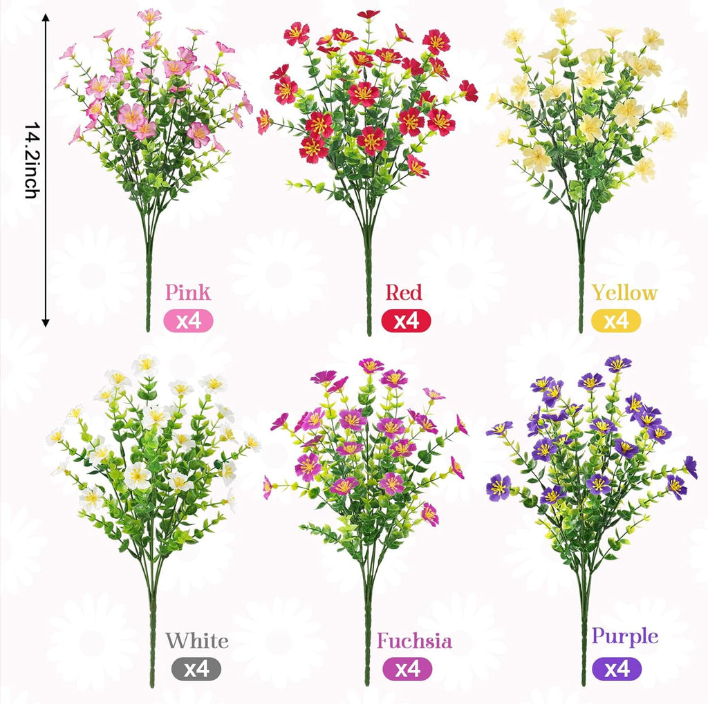 Ouddy Decor 24 Bundles Artificial Silk Flowers for Outdoors, Mixed Color | Realistic fake plants, faux greenery, UV resistant, indoor outside garden porch window box planter office table home decor