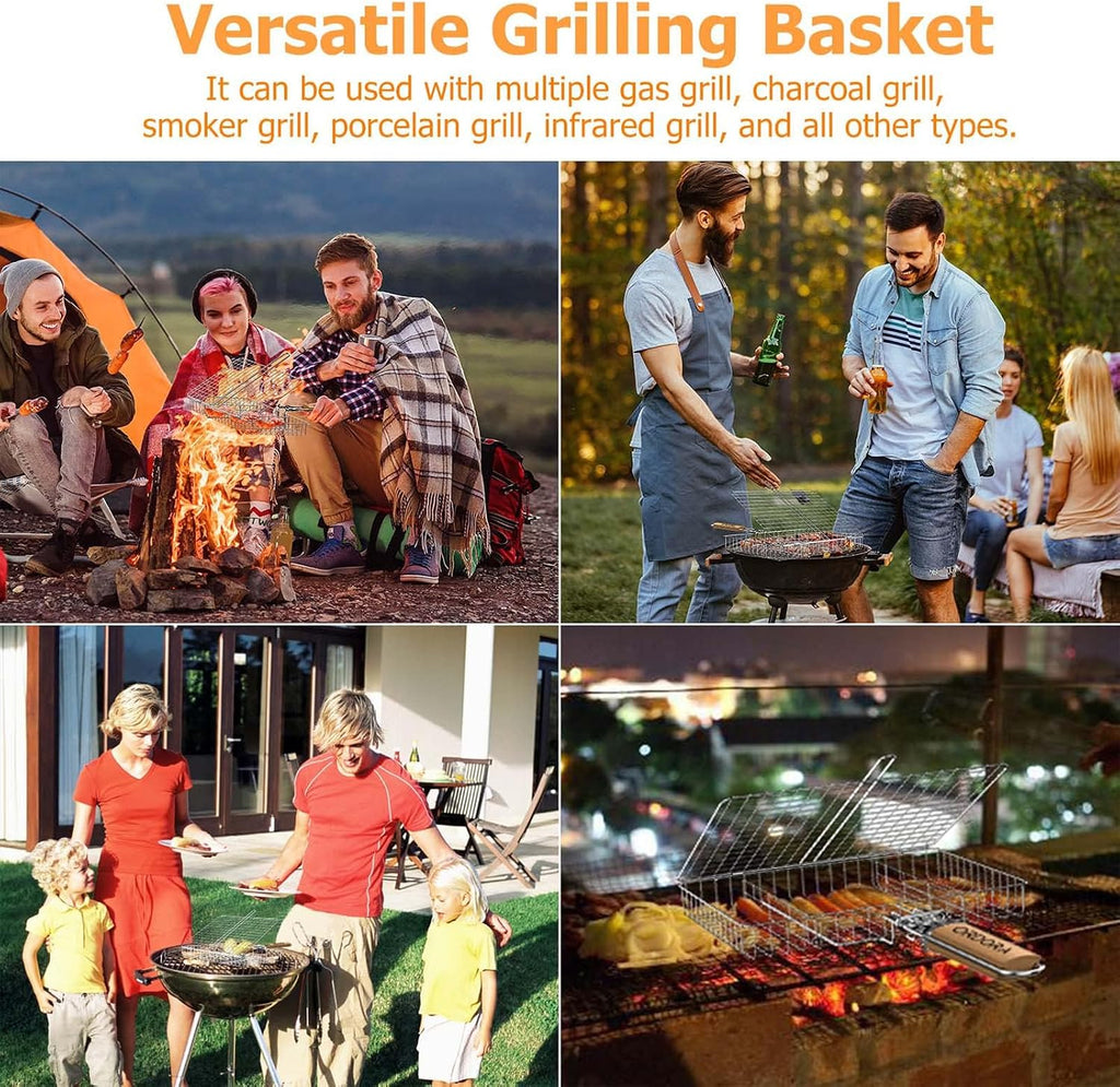 ORDORA Grill Basket Deep, Stainless Steel BBQ Grilling Baskets for Outdoor Grill, Fish Grilling Rack for Veggies, Meat, Shrimps, Grill Accessories with Detachable Handle, Gifts for Dad