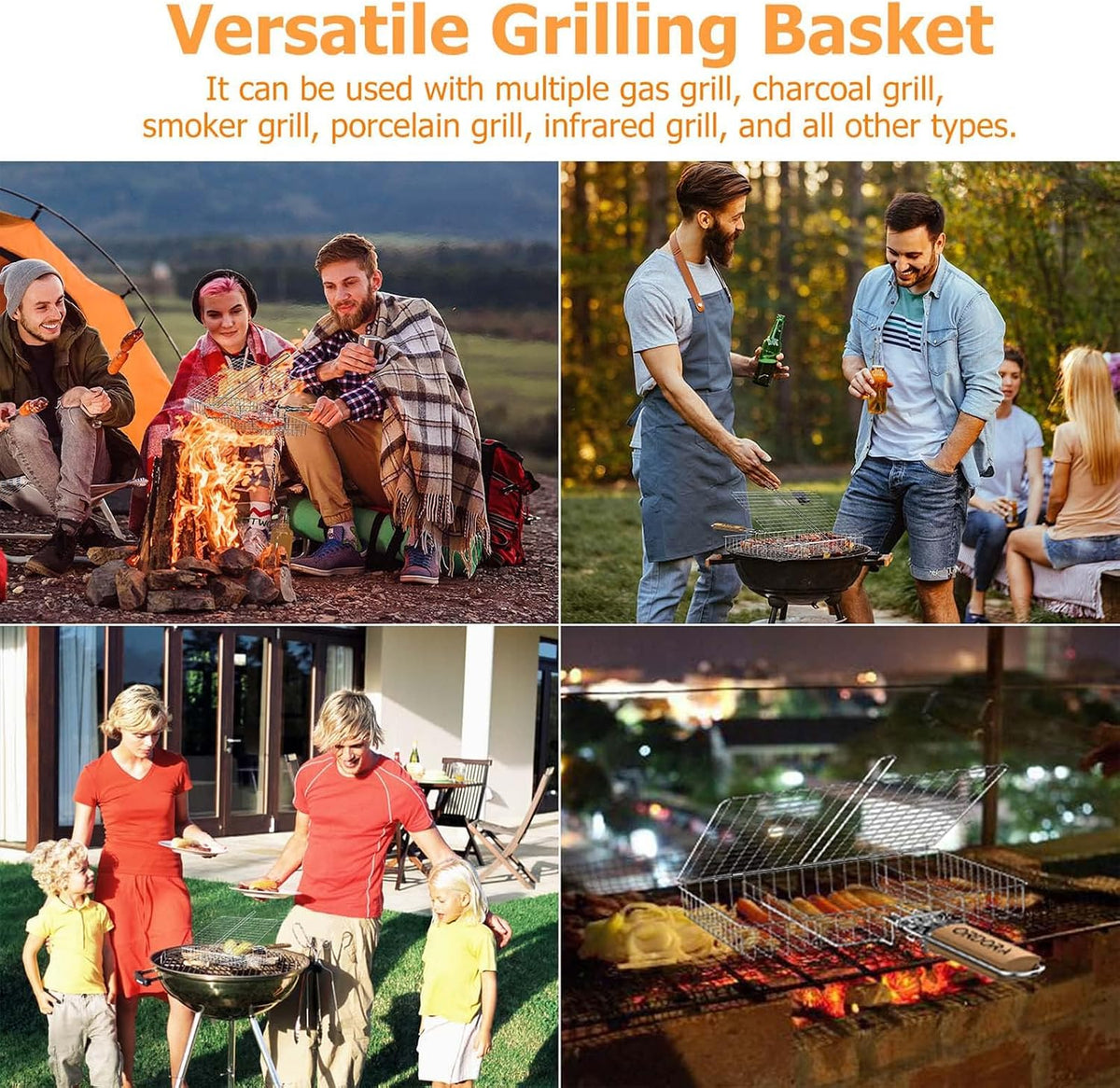 ORDORA Grill Basket Deep, Stainless Steel BBQ Grilling Baskets for Outdoor Grill, Fish Grilling Rack for Veggies, Meat, Shrimps, Grill Accessories with Detachable Handle, Gifts for Dad