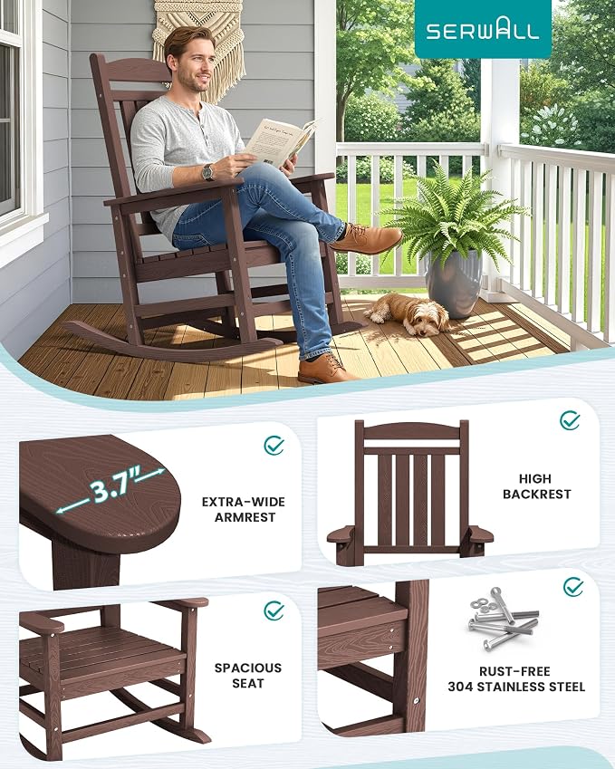 SERWALL HDPE Outdoor Rocking Chair Set of 2, Oversized Patio Rocking Chairs - Image 9