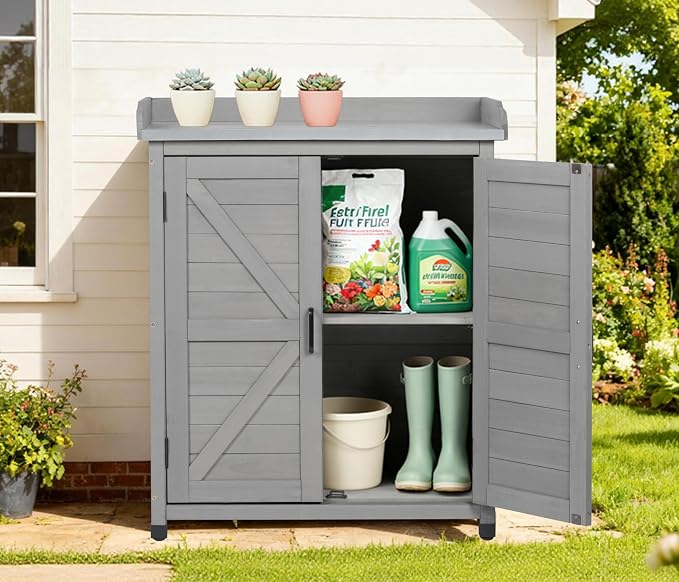 Outdoor Potting Bench with Storage Cabinet and Metal Top, Wood Workstation - Image 9