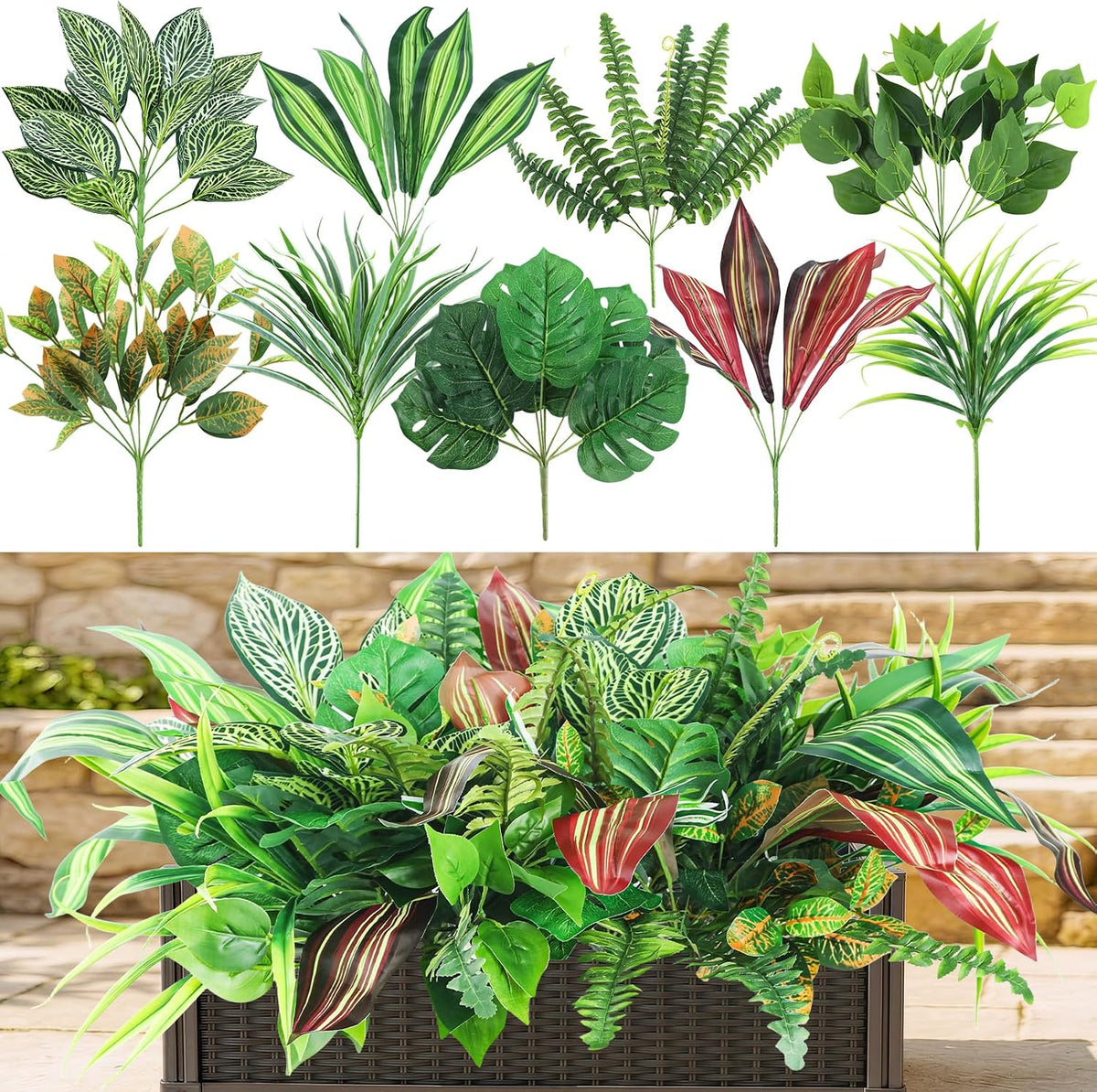 18 Bundles Artificial Greenery Plants Outdoor UV Resistant Fake Plastic Leaves with Stems Faux Bushes Shrubs for Porch Patio Window Box Garden Indoor Outside Decor