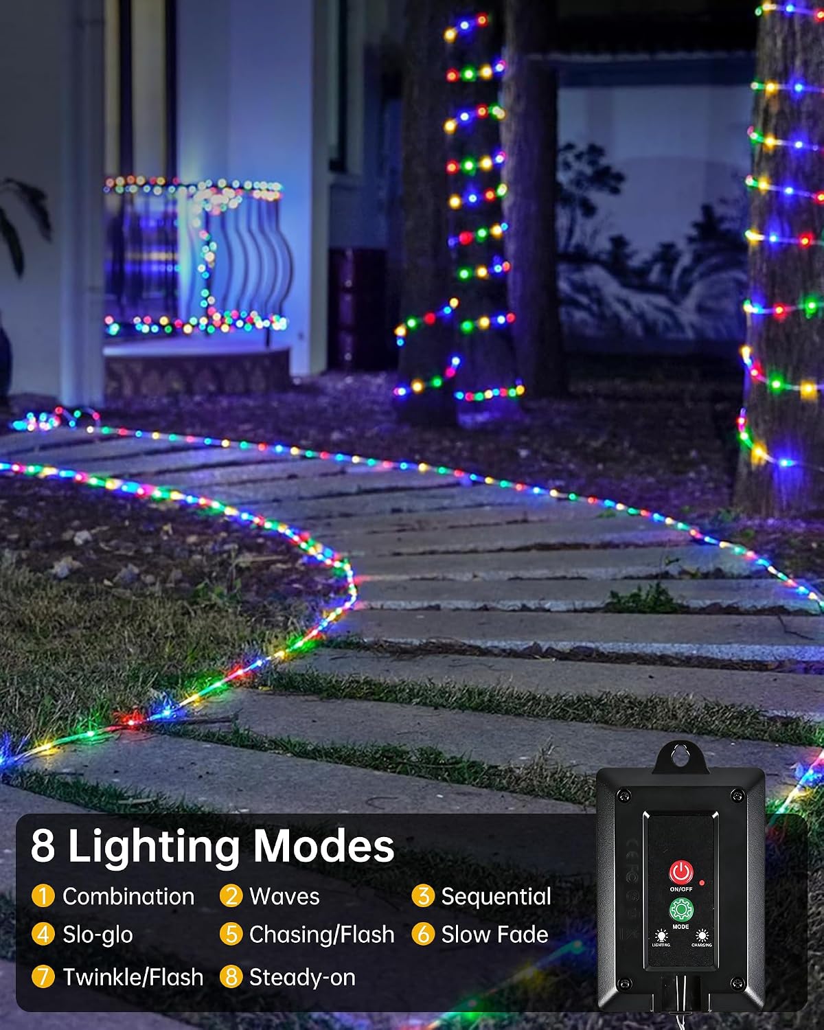 Solar Rope Lights Outdoor, 2 Packs Total 144FT 400LED Solar String Lights with 8 Lighting Modes, Waterproof Solar Powered Fairy Lights for Party Garden Yard Home Holiday Tree Decoration, Multicolor