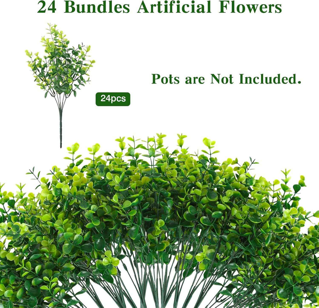 CEWOR Artificial Boxwood Stems 24 Pack Artificial Plants for Outdoor UV Resistant Faux Plants Fake Eucalyptus Shrubs for Room Decor Indoor Outdoor