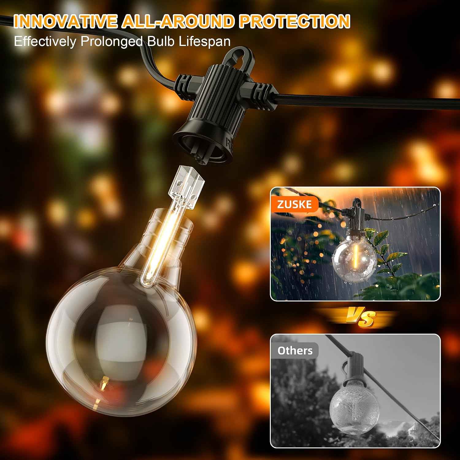 Zuske Outdoor String Lights, 50FT 4-Color LED Patio Lights with 25 Shatterproof G40 Globe Bulbs, Waterproof Hanging Lights for Outside, Backyard, Porch, Balcony, Gazebo, 2700K/3000K/4000K/6000K