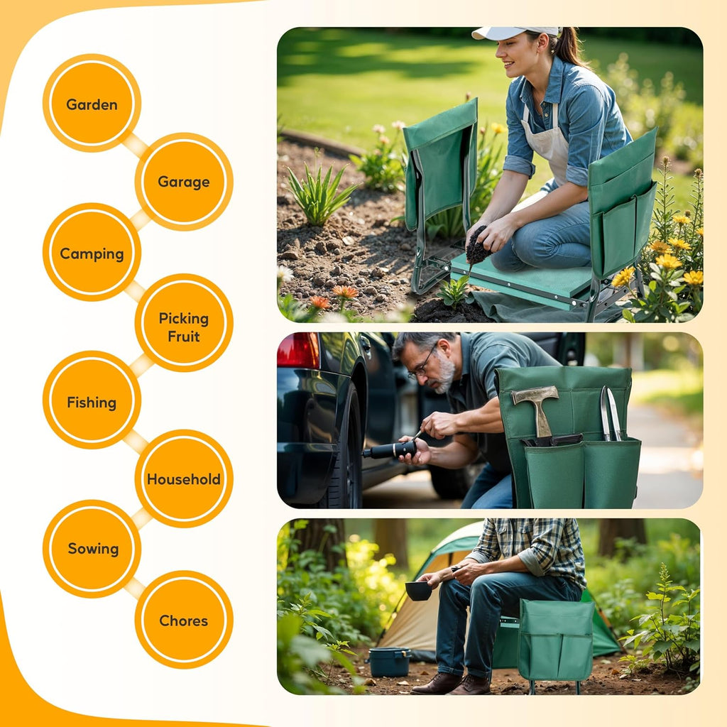 Garden Kneeler and Seat, Foldable Kneeling Stool with Thicker EVA Foam Pad, Heavy Duty Bench with Tool Pouch, Gifts for Outdoor Gardening, Fishing, Green, Arbor Day Gift