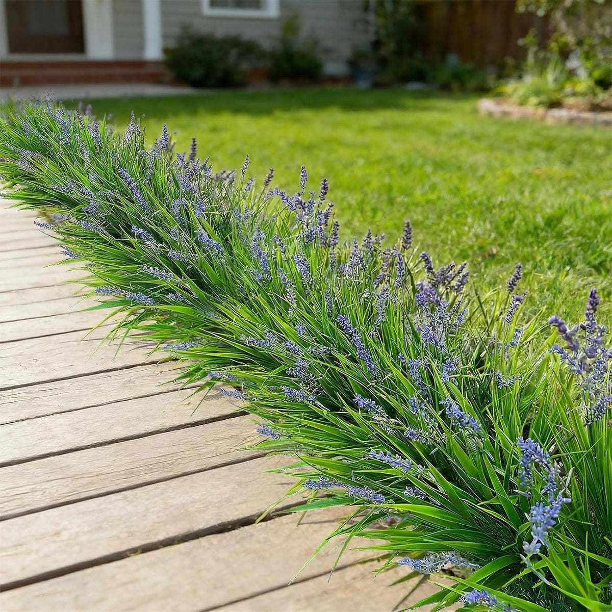 12 Bundles Artificial Grass Fake Plants，Outdoor Fake Monkey Tail Grass with Flowers for Pot UV Resistant Lavender Patio Garden Porch Home Window Hanging Planter Decor Faux Plastic Shrubs(Puper+Green)