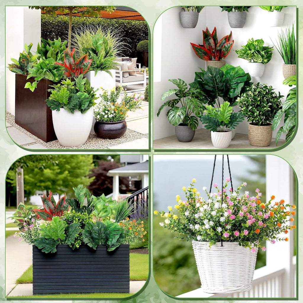 Hoteam 30 Bundles Outdoor Artificial Plants Faux Bushes Plastic Fake Greenery Stems Shrubs UV Resistant for Indoor Outside Hanging Plants Front Porch Home Garden Window Box Spring Summer Decor