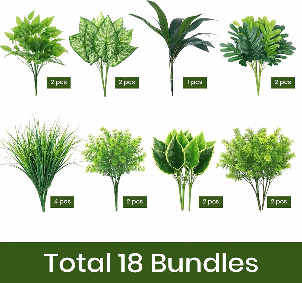 18 Bundles Artificial Greenery Plants, Outdoor Faux Bushes, UV Resistant Fake Plastic Leaves with Stems, Large Bunches for Patio, Garden & Yard Decor, Artificial Shrubs for Home, Outdoor Decoration