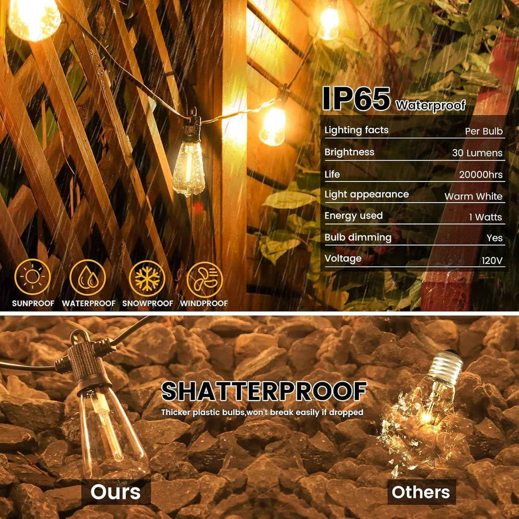 Zuske Outdoor String Lights Waterproof, 300FT Patio Lights with 146 Shatterproof ST38 Globe Bulbs(6 Spare), Connectable Dimmable LED Hanging String Lights for Outside Backyard Porch Balcony(150FT x 2)