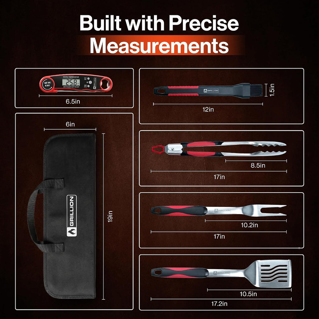 5PCS Grilling Tools for Outdoor Grills - Premium Grilling Utensil Set - Spatula, Tongs, Fork, Thermometer & Brush with Carrying Bag - BBQ Grill Sets for Men - BBQ Grill Accessories Gifts