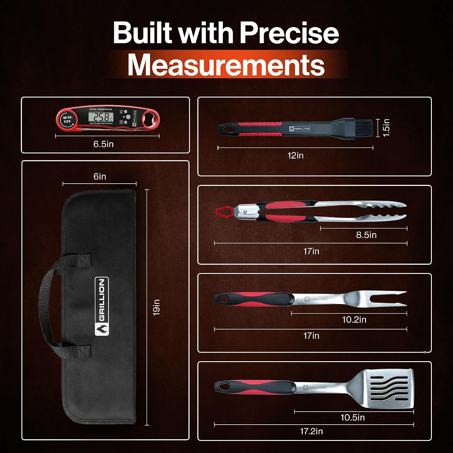 5PCS Grilling Tools for Outdoor Grills - Premium Grilling Utensil Set - Spatula, Tongs, Fork, Thermometer & Brush with Carrying Bag - BBQ Grill Sets for Men - BBQ Grill Accessories Gifts