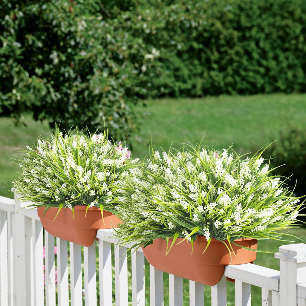 Grunyia 20 Bundles Artificial Plants Outdoor Fake Monkey Grass with Flowers (White)