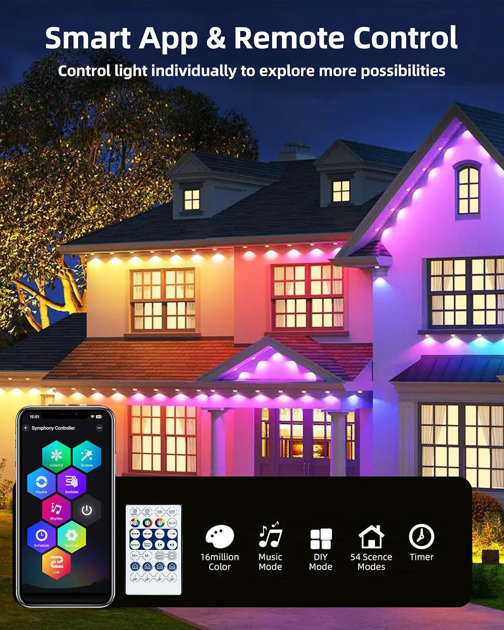 Permanent Outdoor Lights, 111ft with Smart 72 LED Light with App Control, DIY Scene Modes IP65 Waterproof Christmas Outdoor Lights Outside Roofline Decor, Garden Decor, Party, Holiday Xmas
