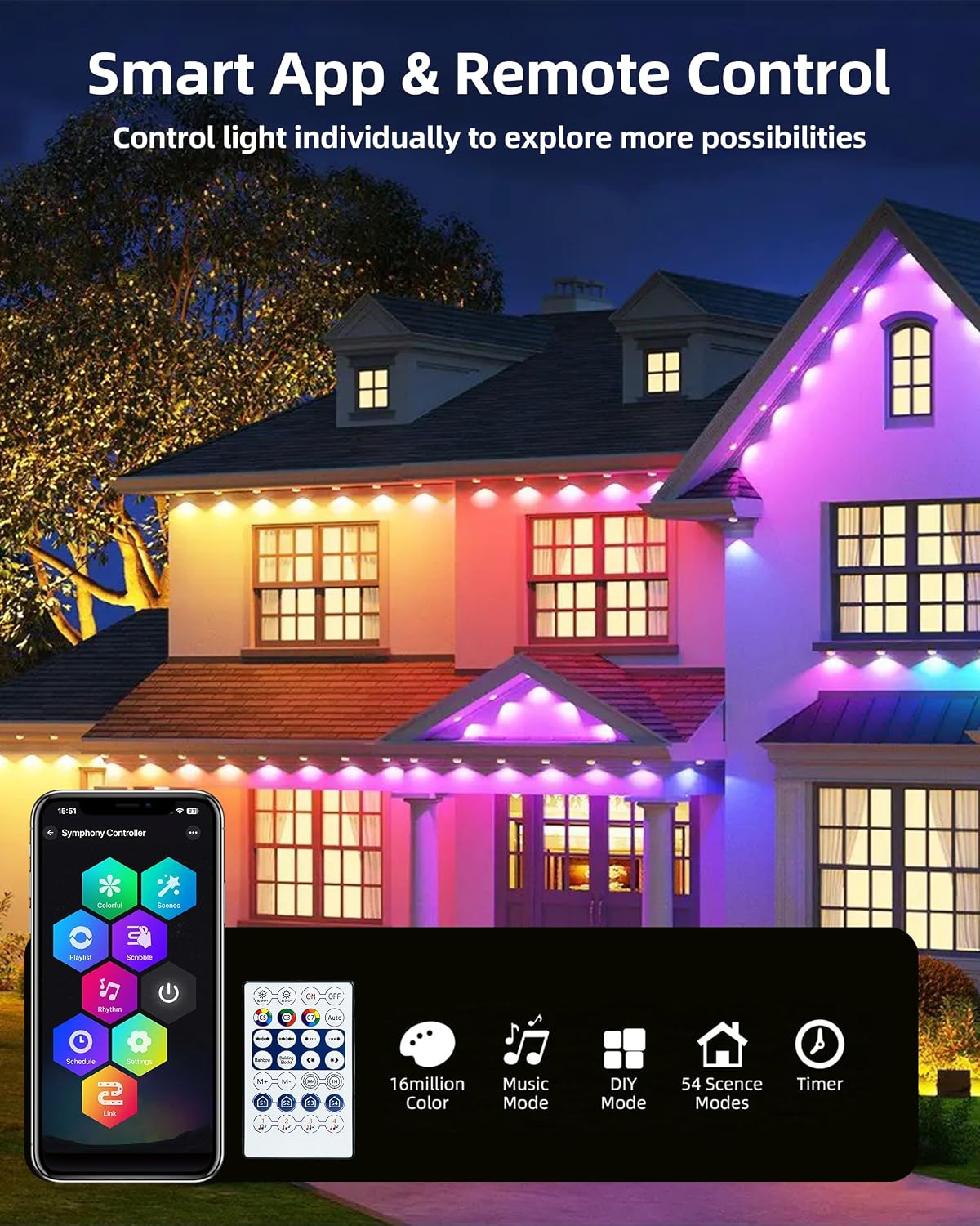 Permanent Outdoor Lights, 111ft with Smart 72 LED Light with App Control, DIY Scene Modes IP65 Waterproof Christmas Outdoor Lights Outside Roofline Decor, Garden Decor, Party, Holiday Xmas