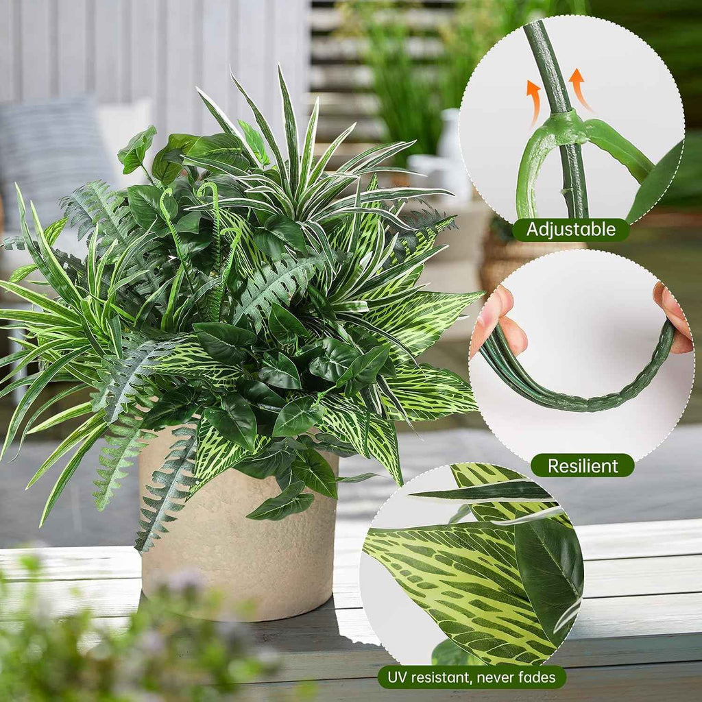 Pertivery 10 Bundles Artificial Plants, UV Resistant Outside Faux Plants Bushes, Large Fake Realistic Plastic Leaves and Stems, for Outdoor Garden, Patio, Yard,Porch Decor (Green)