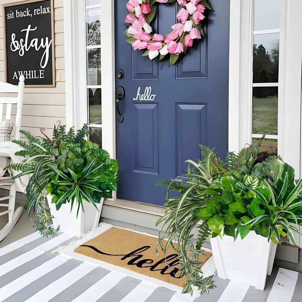 Artificial Plants Faux Greenery for Outdoor Porch Planter Summer Decor | Fake Realistic UV Resistant Large Shrubs Bushes Green Filler for Outside Front Door Patio Decoration, 8 Bundles