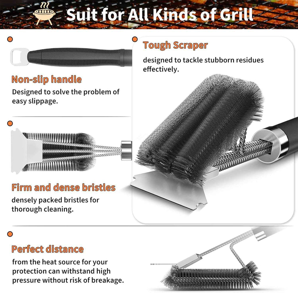 Grill Brush and Scraper-18 Adjustable Handle Safe BBQ Grill Brush for Outdoor Grill-Deep BBQ Clearning Brush wih Bottle Operner Extra Strong Grill Cleaner Accessories for Gas/Charcoal Grilling Grates