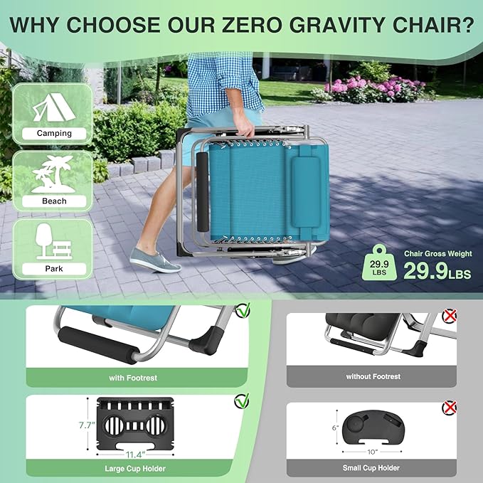 Suteck Oversized Zero Gravity Chair, 29In XL Outdoor Recliner Chair w/Removable - Image 4