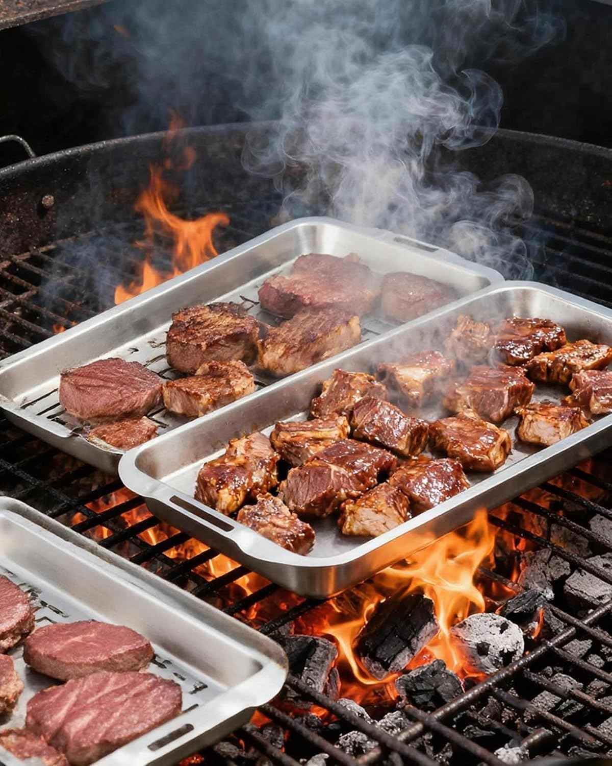 VIKEYHOME Grill Carry System, 6-Piece Stainless Steel Large Food Prep Tray, 16.5" x 11" Pan, Outdoor Grill with Cooling Rack for Vegetables, Fish, Meat, Great Grilling Gifts for Men | 16.5" x 11" Pan, Outdoor Grill with Cooling Rack for Vegetables, Fis...