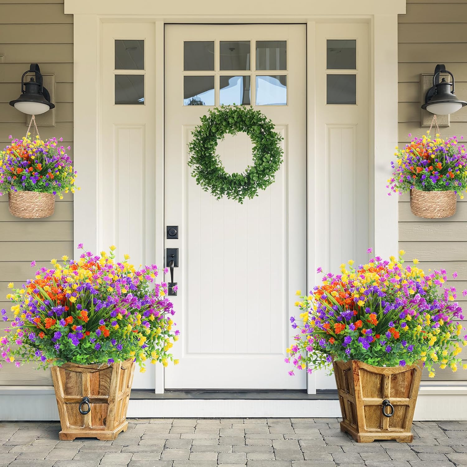 Sggvecsy Artificial Flowers for Outdoors 24 Bundles UV Resistant Boxwood Shrubs Artificial Eucalyptus Fake Plants Faux Plastic Greenery for Farmhouse Garden Home Indoor Outdoor Decoration（Mixed）