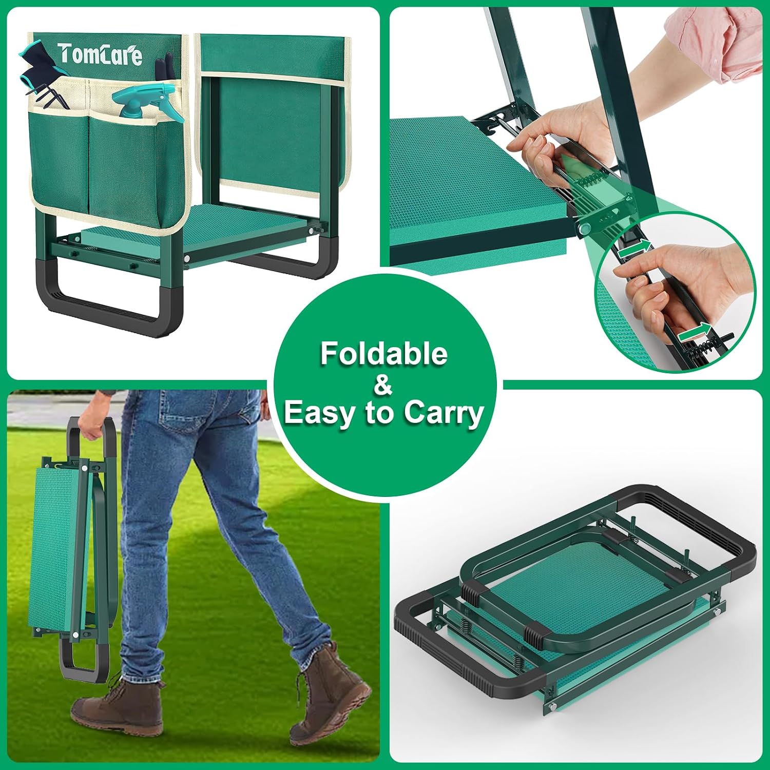 TomCare Garden Kneeler and Seat, 11.14" Kneeling Pad Sturdy Garden Bench | 2-in-1 Heavy Duty Garden Stool, 2 Tool Pouches, Foldable Design, Gardening Gift for Women, Men and Gardeners
