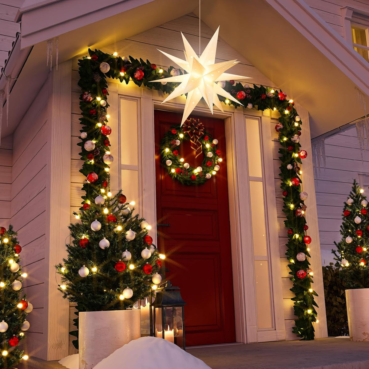 23" Plug-in Moravian Star Outdoor Light with Timer, Warm White 3D PVC Christmas Star IP44 Waterproof Hanging Decoration for Porch, Garden, Wedding, Indoor Holiday Display