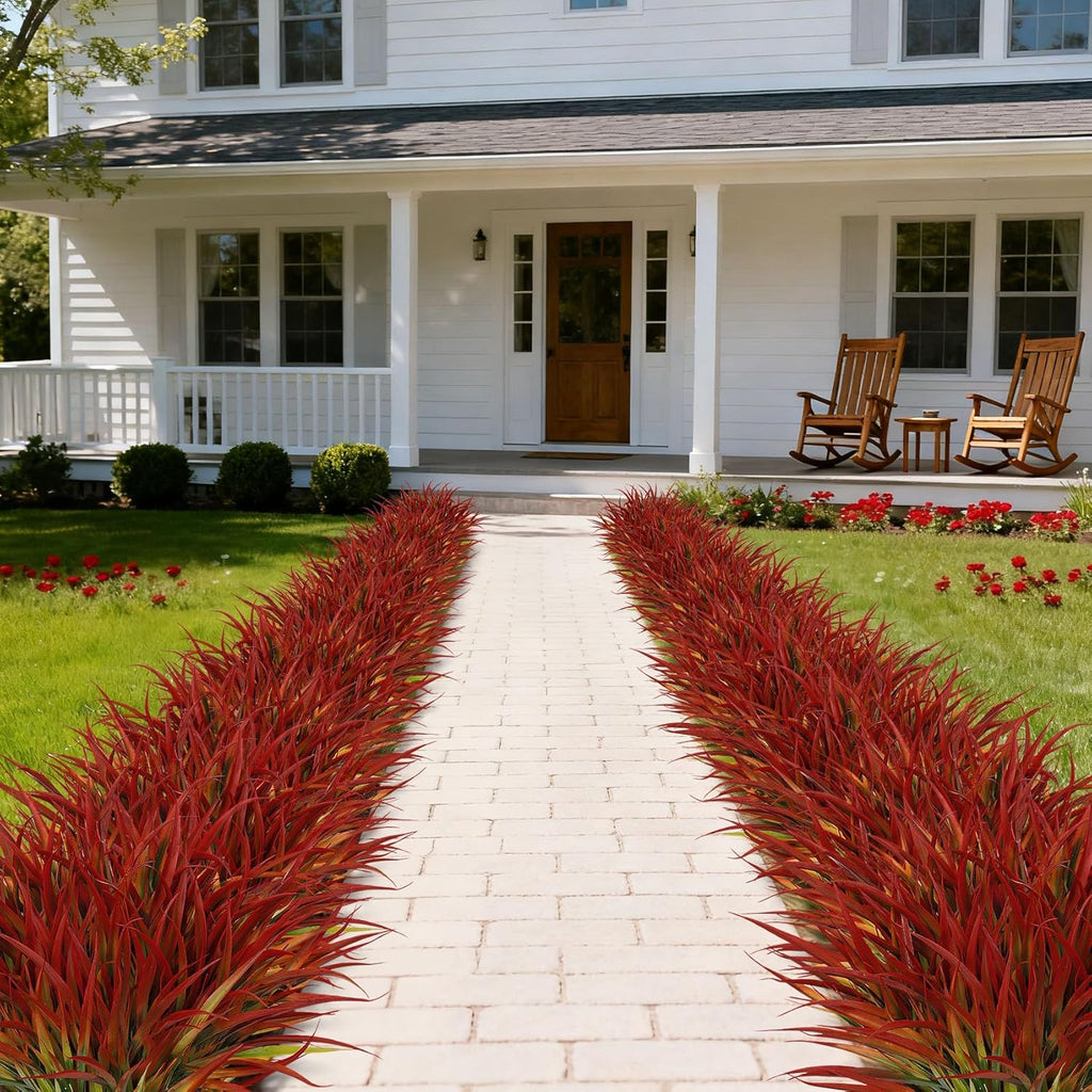 16 Pcs Artificial Plants Outdoor Fake Grass, Red | Plastic grass, faux greenery stems, UV resistant, adjustable stems, indoor outdoor planters patio garden porch pathway