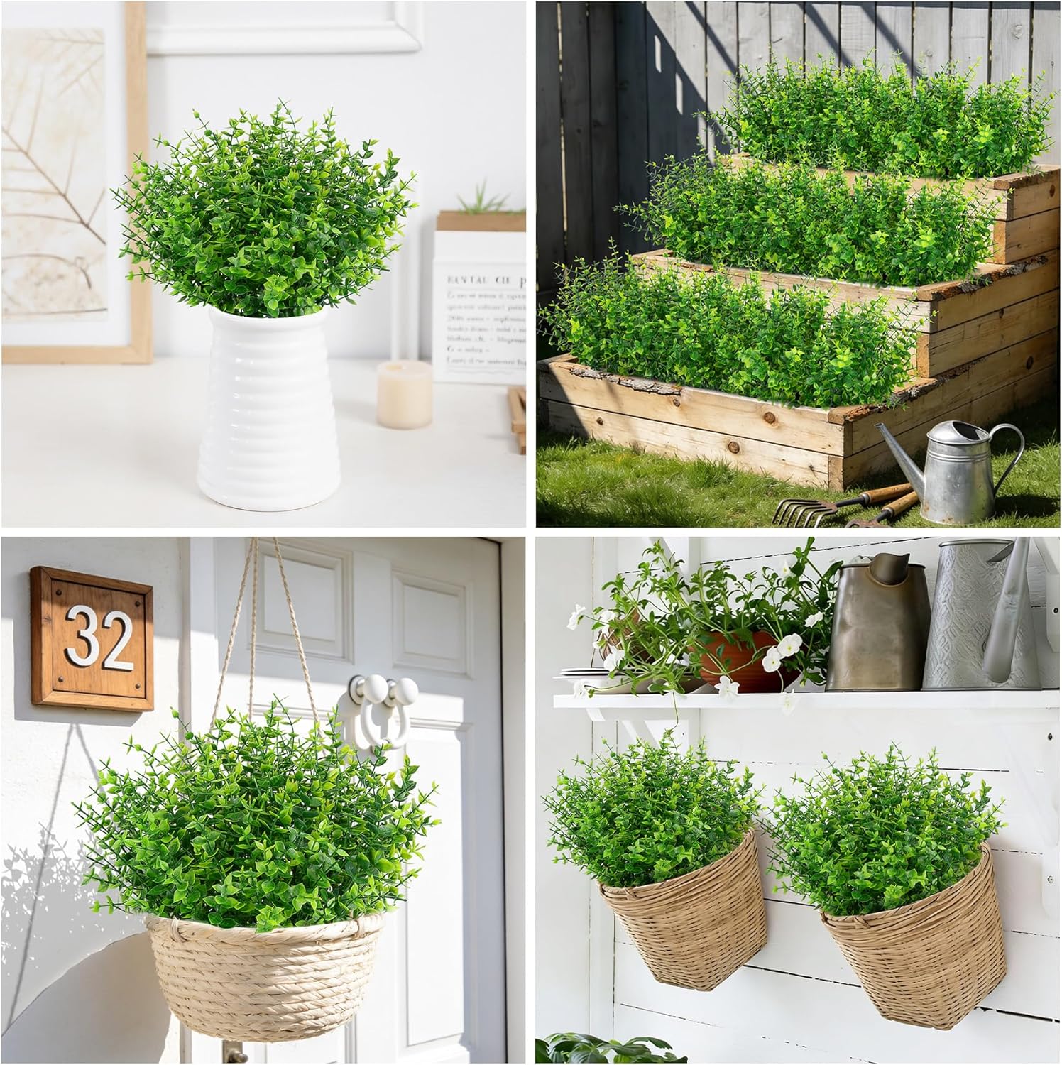 24 Bundles Fake Plants Artificial Greenery Stems for Outdoors | UV resistant, faux eucalyptus, plastic plants, no maintance, indoor outdoor garden farmhouse porch patio windowbox home decor