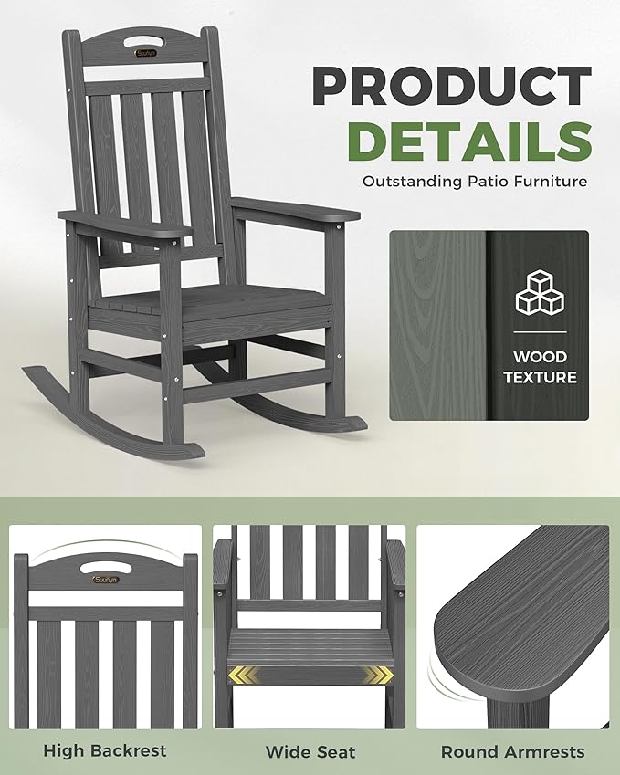 Oversized Outdoor Rocking Chairs Set of 2, High Back Porch Rocking Chair - Image 6
