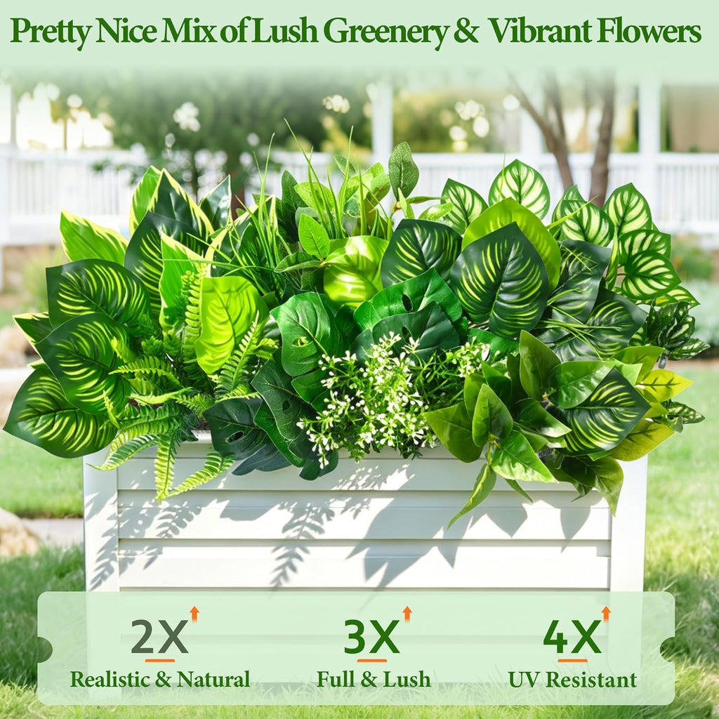 Livole Fake Artificial Plants Outdoor UV Resistant Artificial Flowers Large Bunches Faux Plants Greenery Stems Boston Fern for Garden Porch Planter Window Box Home Decor