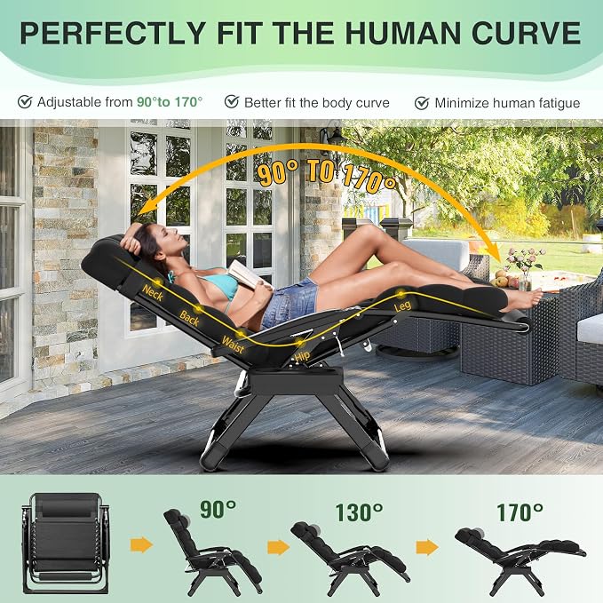 Suteck Oversized Zero Gravity Chair, 29In XL Outdoor Recliner Chair w/Removable - Image 5