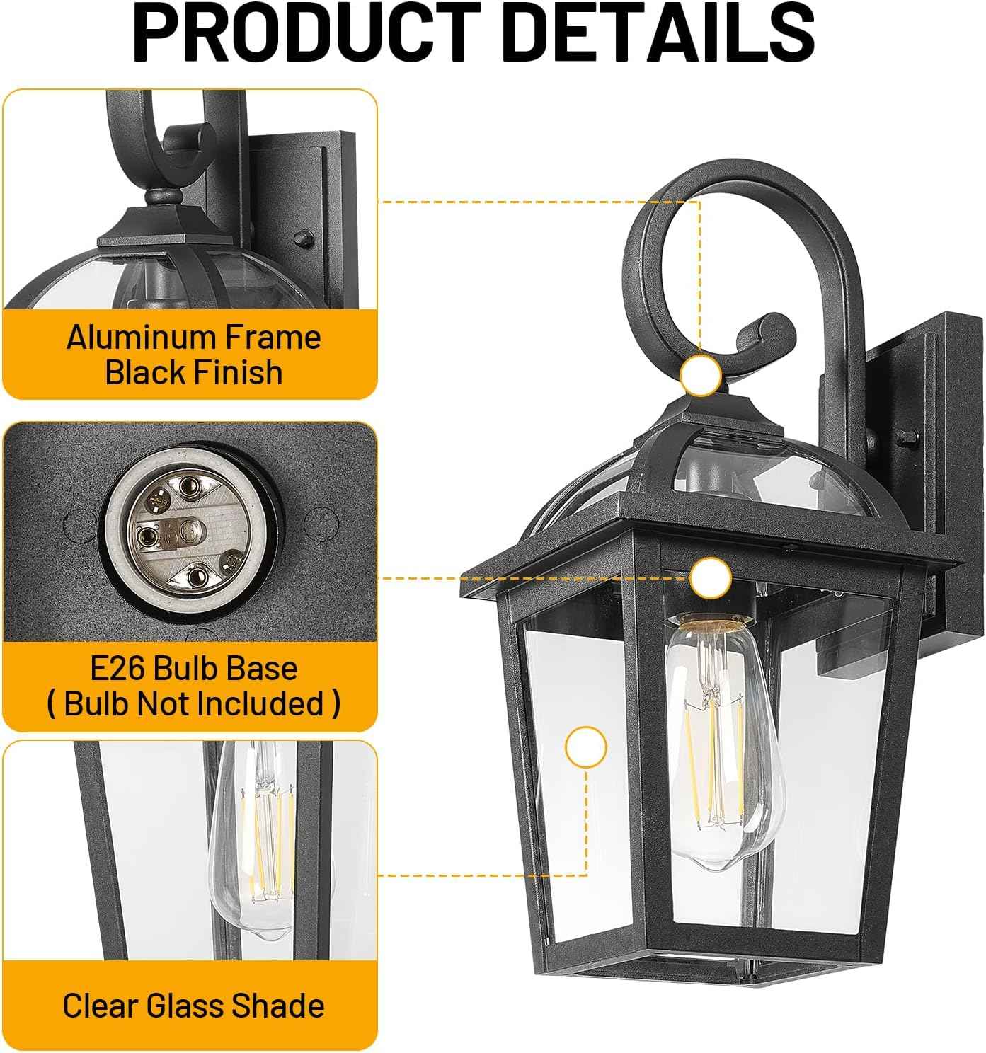 Front Porch Lights Outdoor Wall Lights Exterior Wall Sconce Light | Modern Farmhouse Outdoor Wall Lantern with Clear Glass, Weatherproof Aluminum Black Exterior Light Fixtures for Porch Patio