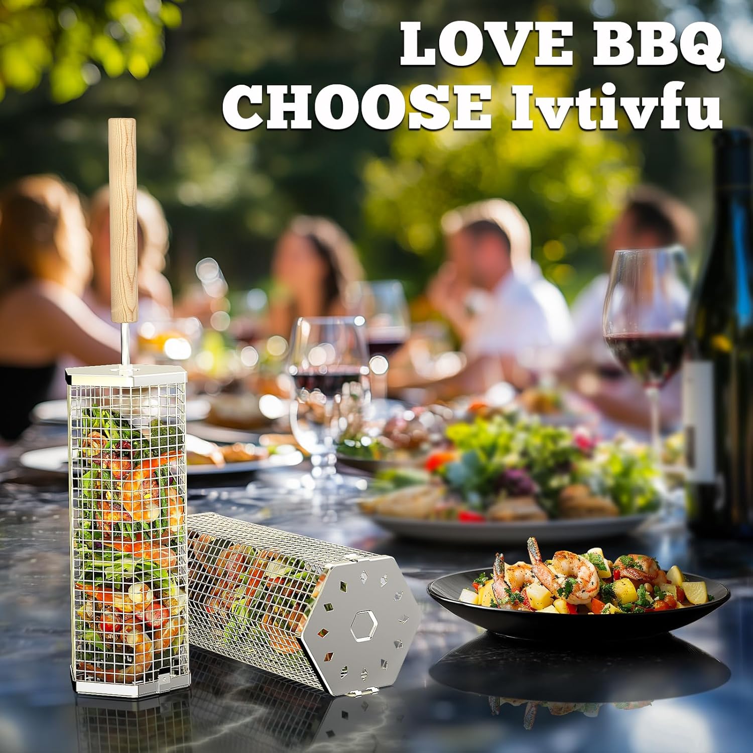 ivtivfu Rolling Grill Baskets, Removable Wooden Handle, Nesting BBQ Tools | 304 Stainless Steel, Grilling Smoker Accessories for Vegetable, Outdoor Camping Cooking, Birthday Gifts for Husband Men Dad