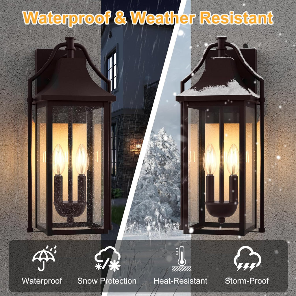 18IN Dusk to Dawn Outdoor Wall Sconce, 2-E12 Base Porch Light | Brown Waterproof Exterior Lantern, Modern Patio Light Fixture Mounted with Glass, Outside Light for House, ETL Listed