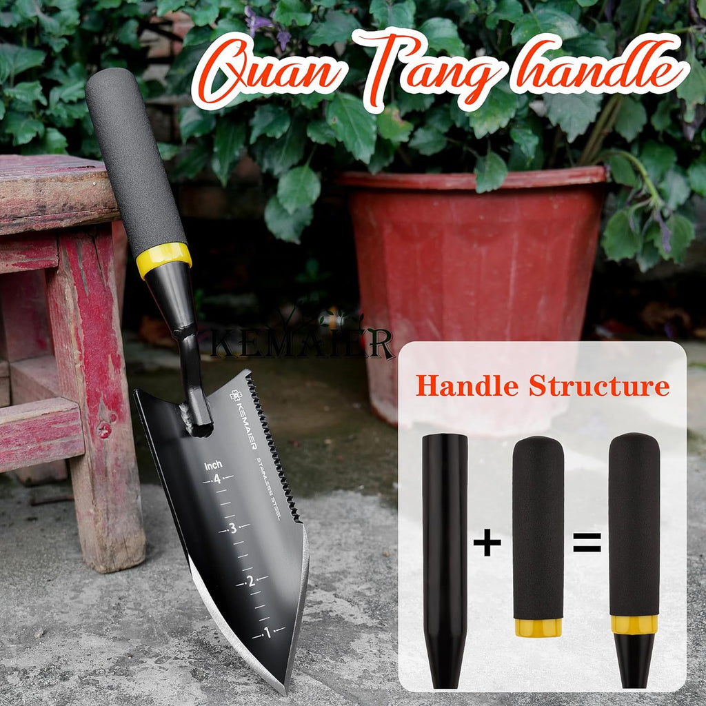 Kemaier Heavy Duty Gardening Hand Trowel - Stainless Steel Tool | Sharp Weeding, Serrated Cutting, Measured Planting, The Shovel Pros Actually Rely On
