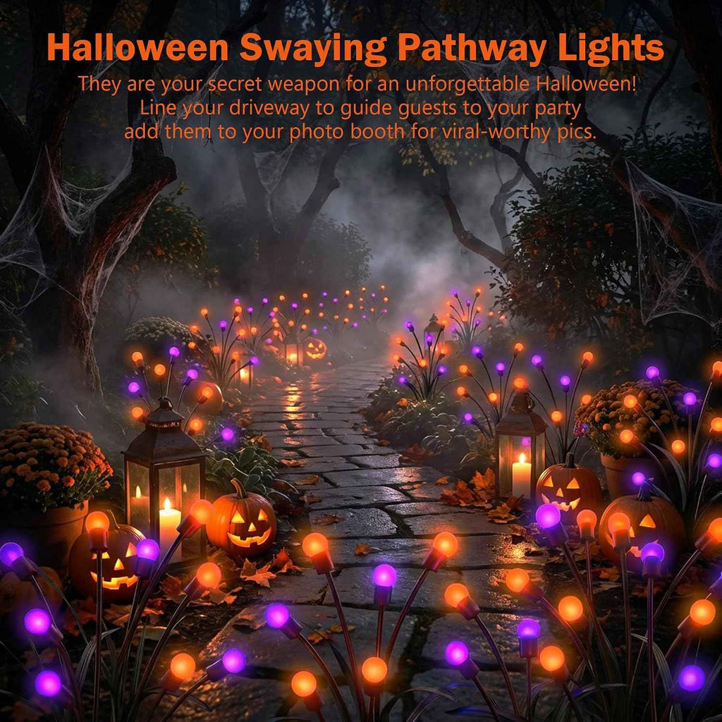 Halloween Firefly Solar Lights 2 Pack 6 LED Orange Purple | Swaying Pathway Lights IP65 Waterproof Auto Dusk to Dawn Outdoor Landscape Lights for Yard Patio Lawn Party Decor