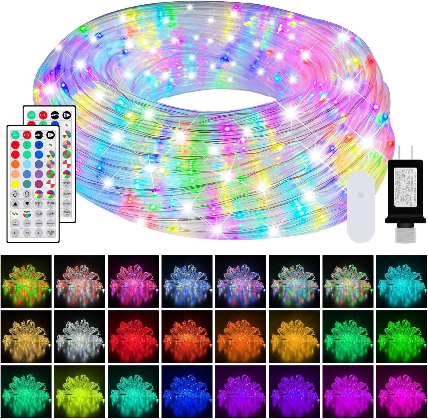 50ft LED Rope Lights for Outside, 25 Colors IP68 Waterproof, Dimmable Warm White RGB Outdoor String Lights with 4 Brightness, Red White Blue for Patriotic Decorations, Fairy Lights for Indoor Bedroom