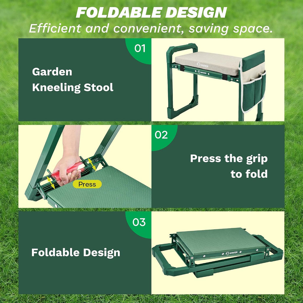 Saker Garden Kneeler and Seat Foldable Gardening Stool with Extendable Legs | Thickened Pad Tool/Storage Bag , Heavy Duty 400lbs Support for Elderly, Gardening, Outdoor Use