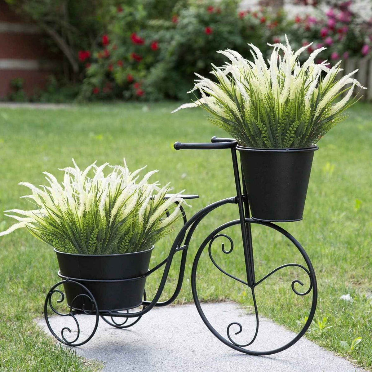 Grunyia 10 Bundles Artificial Plants Outdoor Fake Grass with Flowers UV Resistant Greenery Garden Porch Window Box Decorating (White)