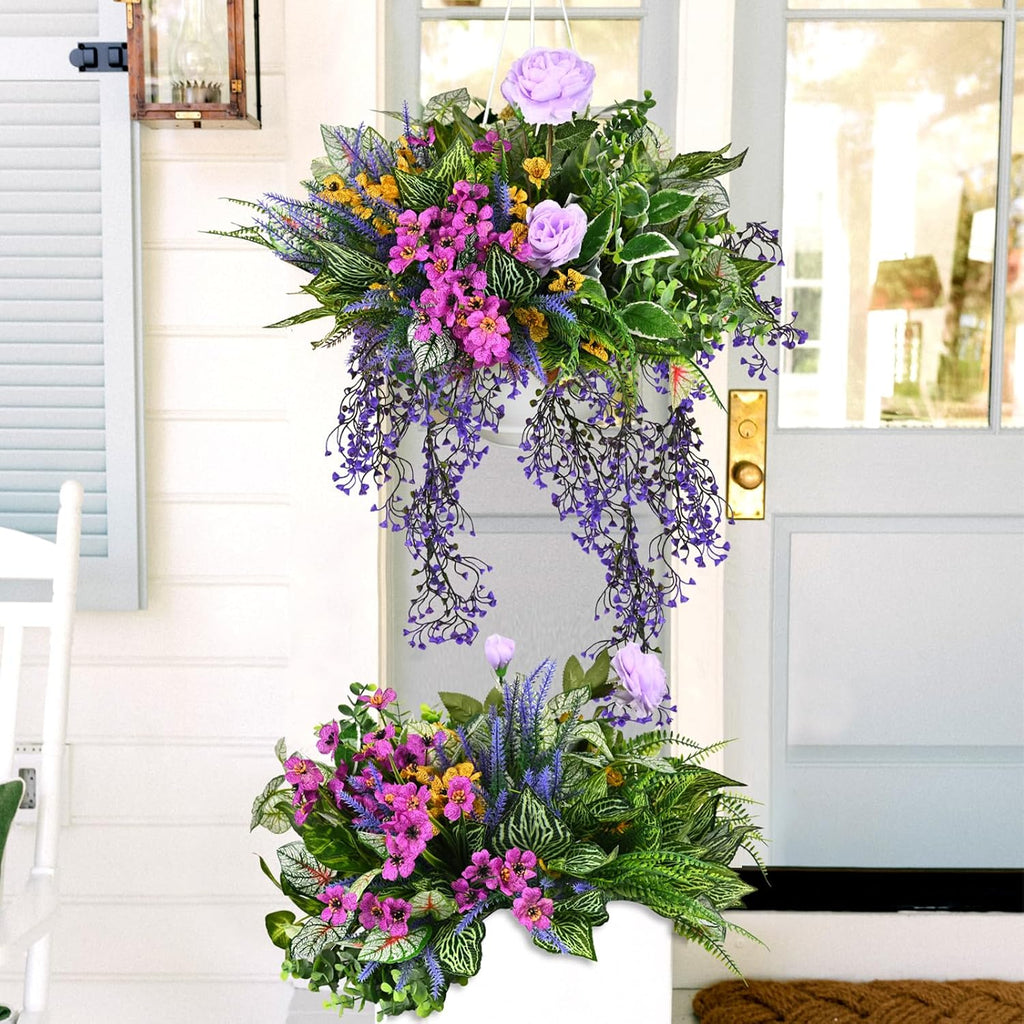 22Pcs Fake Greenery Stems Plants Outdoor UV Resistant Artificial Lavender Flowers fake bushes greenery shrubs for Indoor Outside Hanging Plants Garden Front Porch Patio Wedding Farmhouse Décor