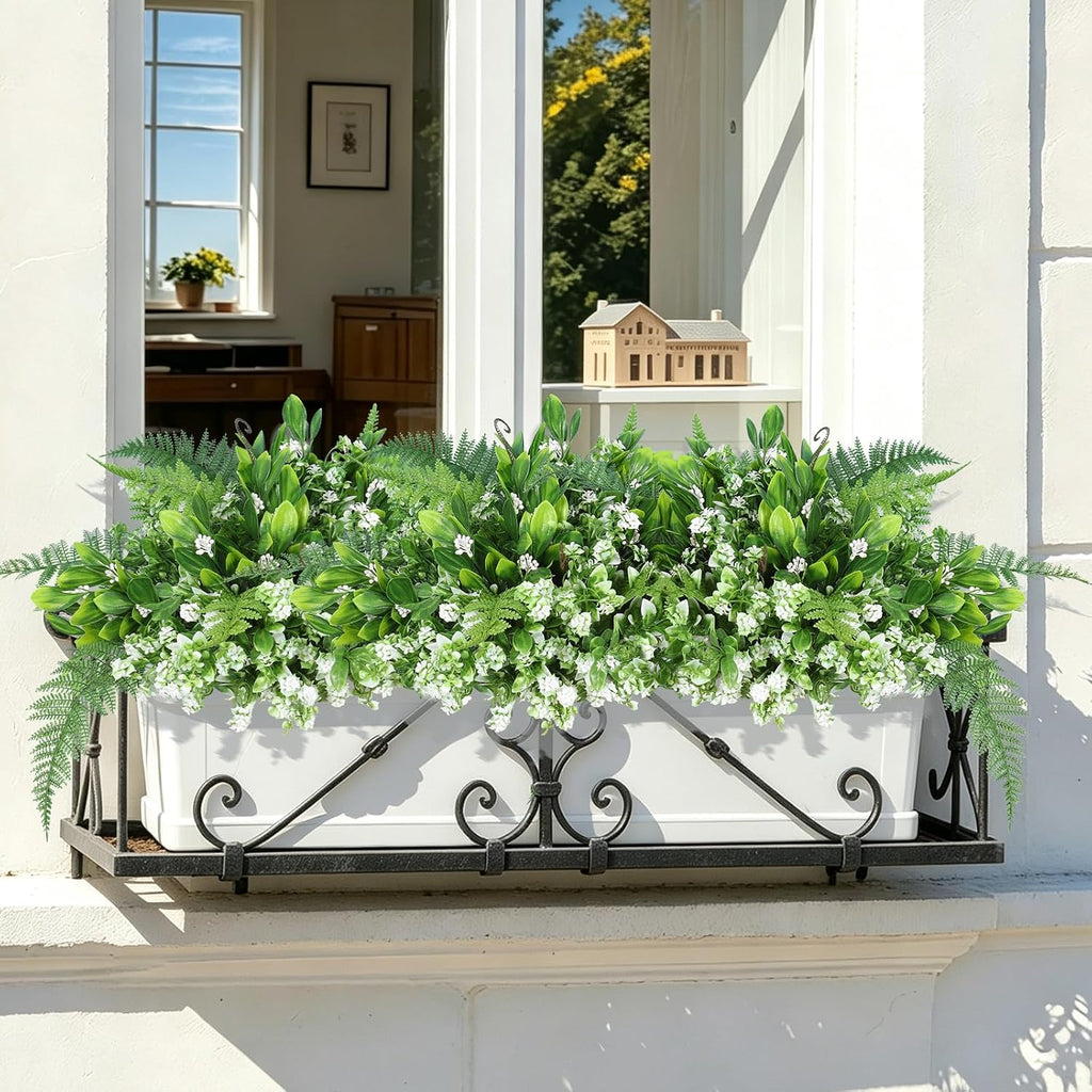RECUTMS Faux Fern Flowers Plants Set for Outdoors 11 Bundles UV Resistant | Fake Fern,Eucalyptus Shrub with Rose&Berry Bunches for Home Patio Garden Window Box Front Door Porch Yard Planter Decor White