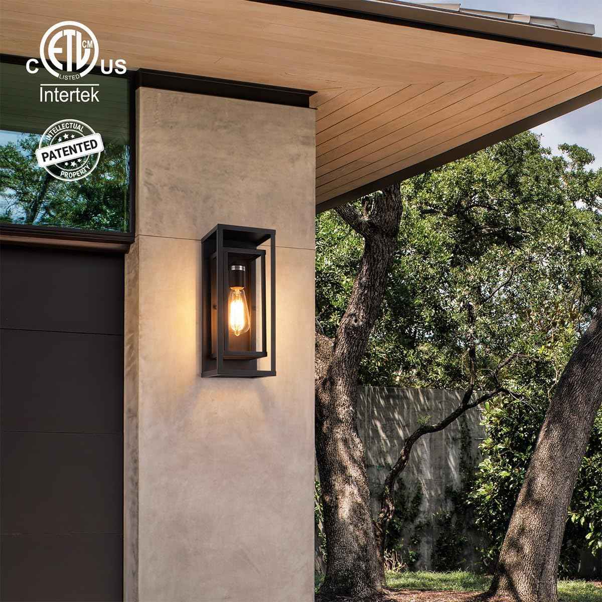 mirrea 14" Modern Outdoor Porch Wall Light, Matte Black, 2 Pack | Waterproof rectangular wall sconce with clear glass & metal frame. Perfect outdoor light fixture for entryways, patios.