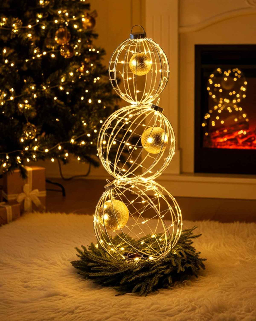 Lineshading Set of 3 Christmas LED Light Balls Outdoor Decorations, Hanging Christmas Front Door Yard Twinkle Ornaments Set Sphere Light Decorations for Xmas Holiday Garden Patio Outside Decor, Warm