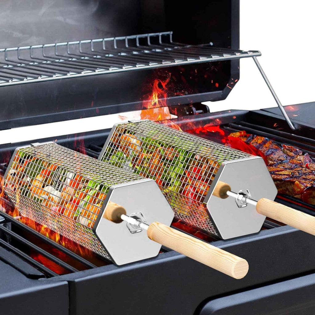 ivtivfu Rolling Grill Baskets, Removable Wooden Handle, Nesting BBQ Tools | 304 Stainless Steel, Grilling Smoker Accessories for Vegetable, Outdoor Camping Cooking, Birthday Gifts for Husband Men Dad
